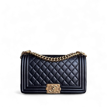 Chanel Boy Medium - 25CM Quilted Lambskin Black Gold Hardware Series 18