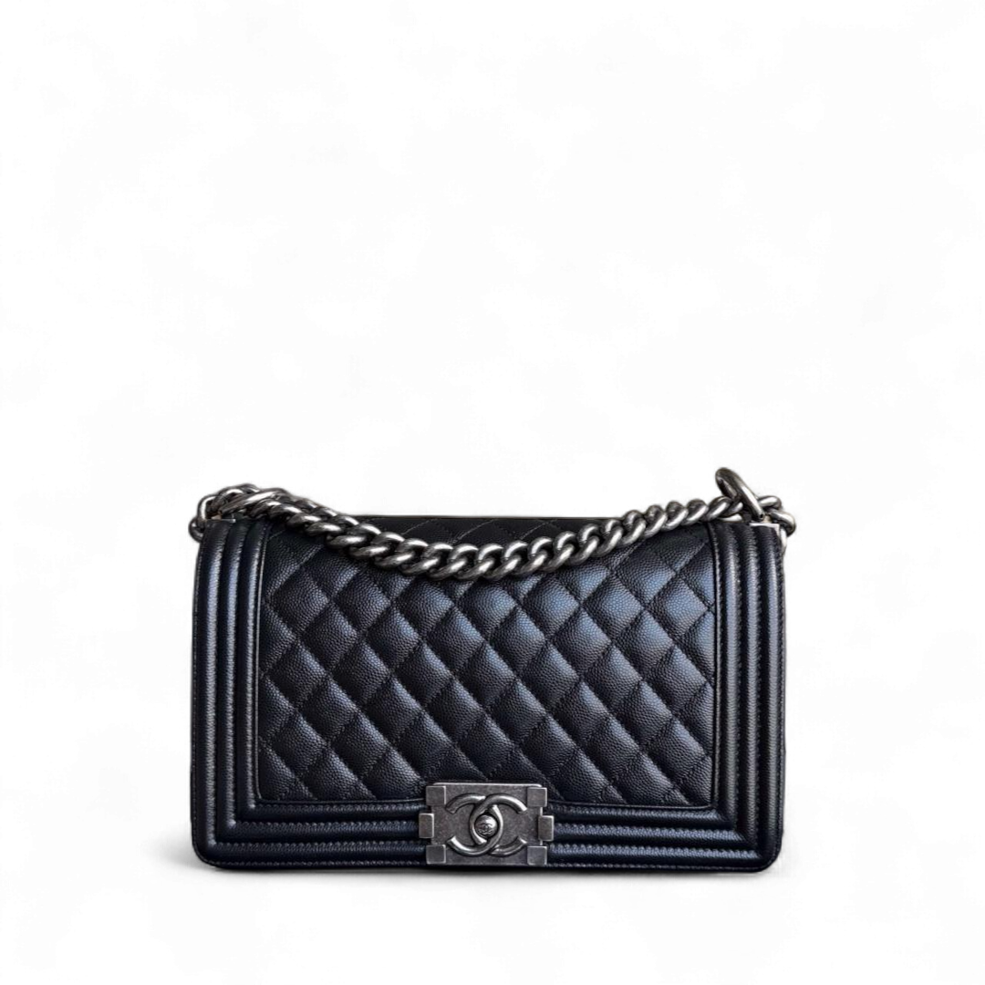 Chanel Boy Medium - Caviar 25CM Quilted Grained Calfskin Black Ruthenium Silver Hardware Series 20