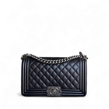 Chanel Boy Medium - Caviar 25CM Quilted Grained Calfskin Black Ruthenium Silver Hardware Series 20