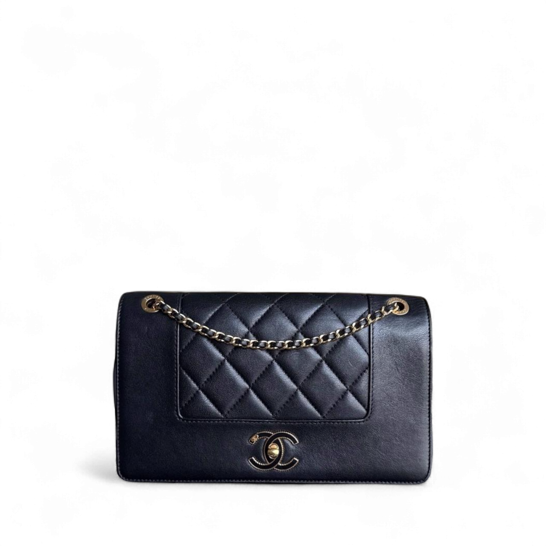 Chanel Seasonal Flap Mademoiselle - 25CM Quilted Lambskin Black Gold Hardware Series 23