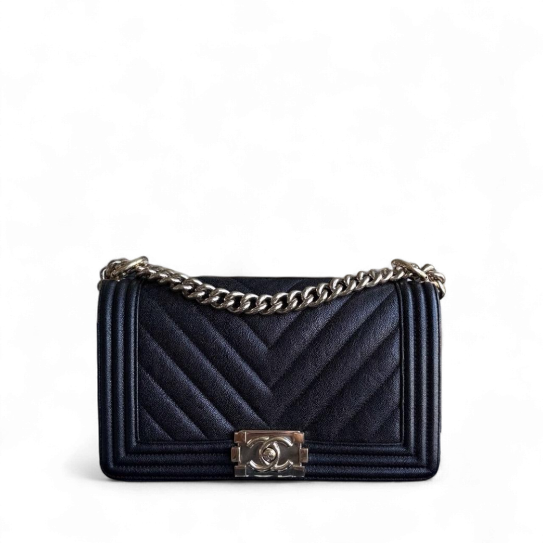 Chanel Boy Medium - Caviar 25CM Quilted Grained Calfskin Black Gold Hardware Series 28
