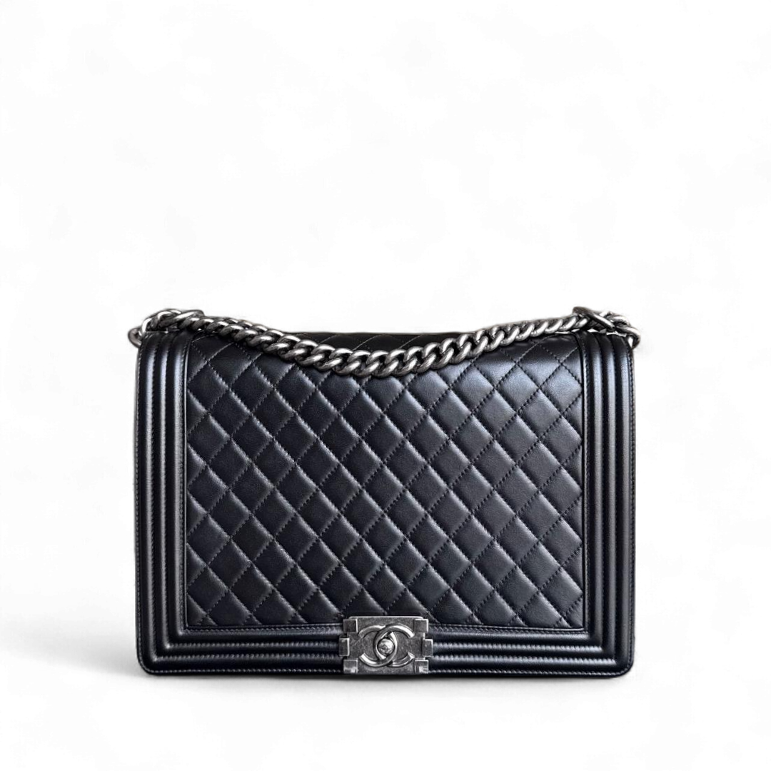 Chanel Boy Large - 30CM Quilted Lambskin Large Black Ruthenium Silver Hardware Series 16
