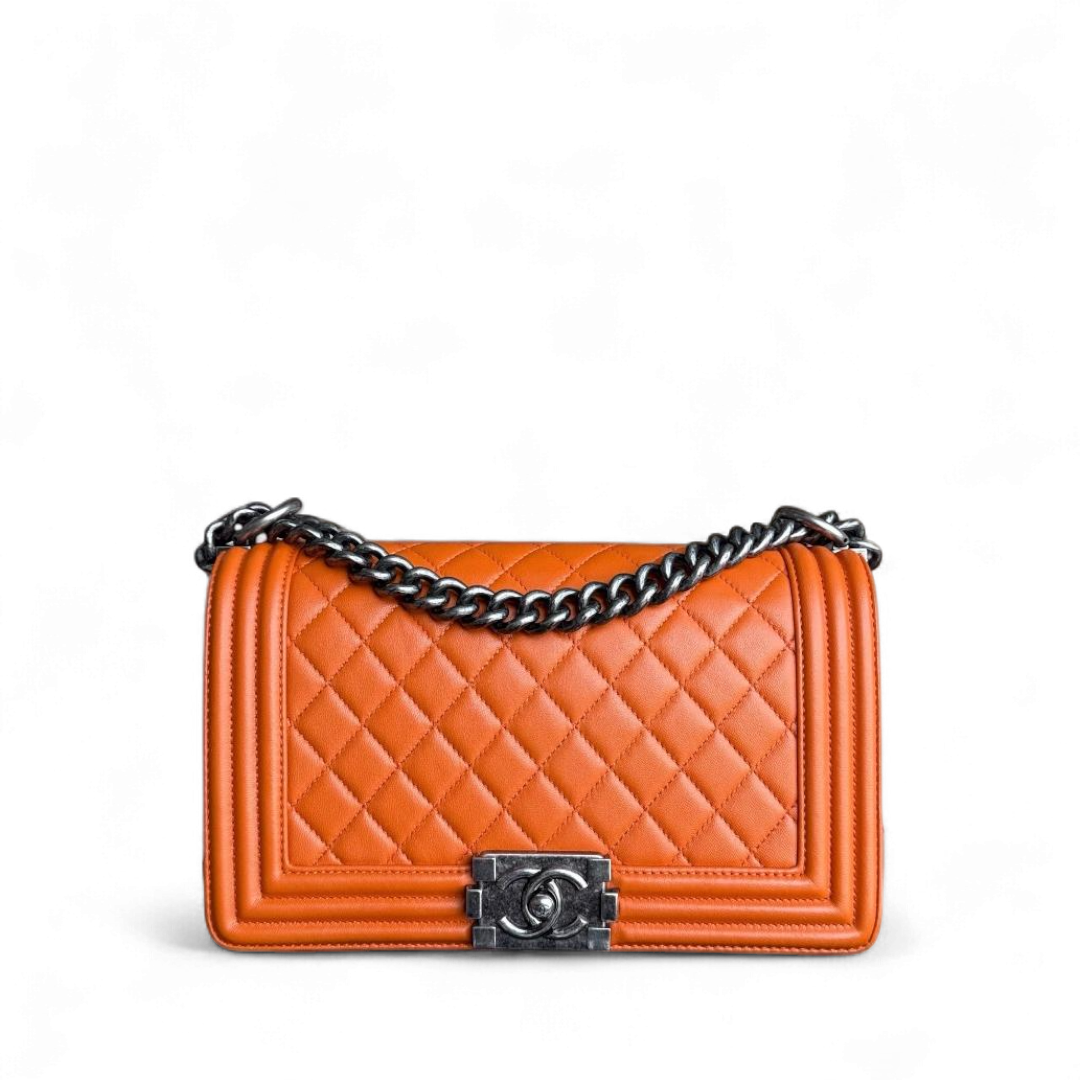 Chanel Boy Medium - 25CM Quilted Lambskin Orange Ruthenium Silver Hardware Series 20
