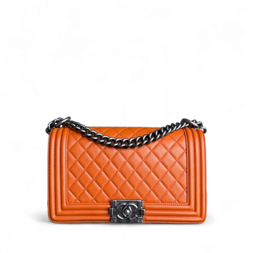 Chanel Boy Medium - 25CM Quilted Lambskin Orange Ruthenium Silver Hardware Series 20