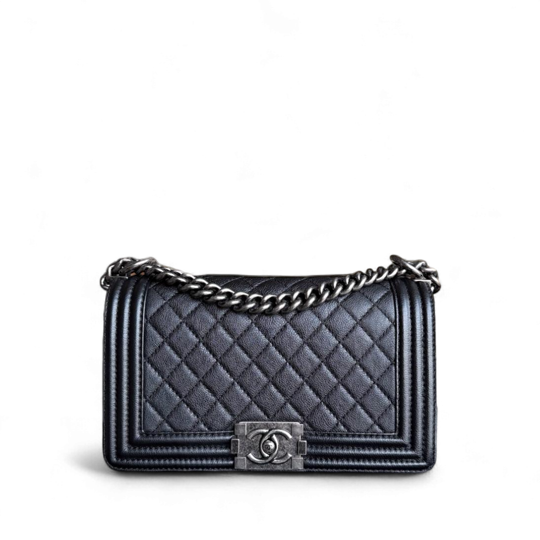 Chanel Boy Medium - 25CM Quilted Grained Aged Calfskin Black Ruthenium Silver Hardware Series 18