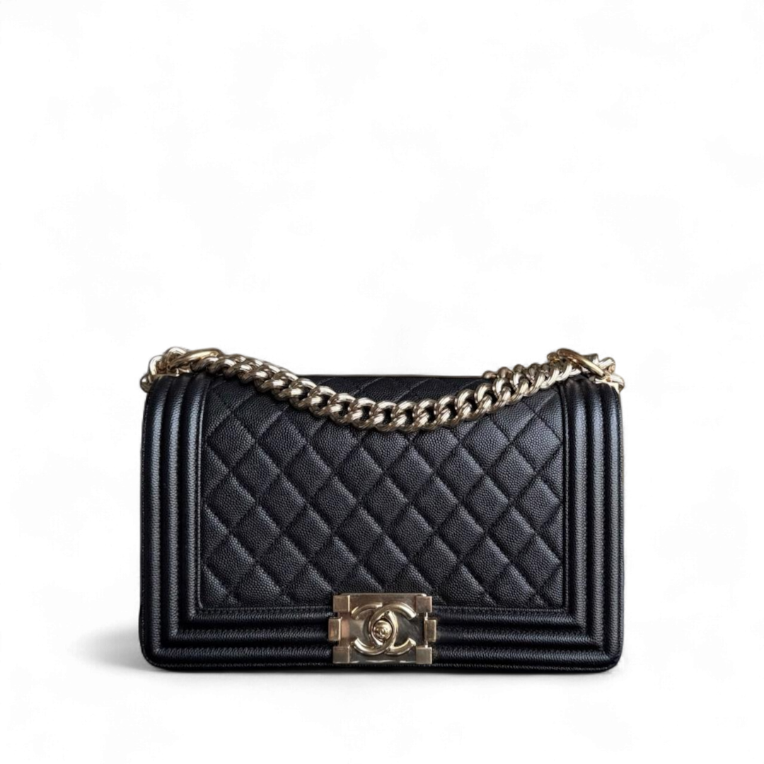 Chanel Boy Medium - Caviar Quilted Grained Calfskin Black Gold Hardware