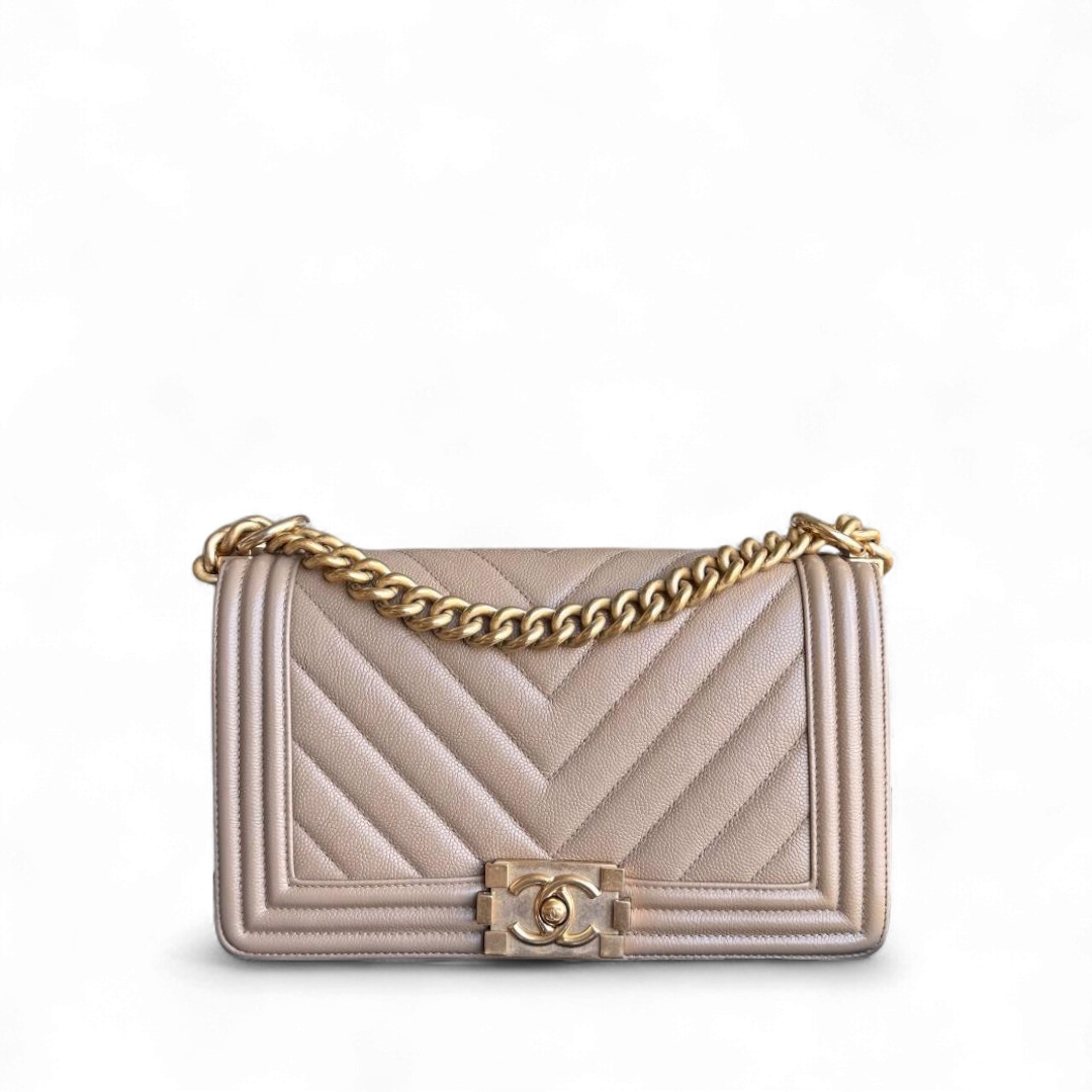 Chanel Boy Medium - Caviar 25CM Chevron Grained Calfskin Beige Gold Hardware Series 25