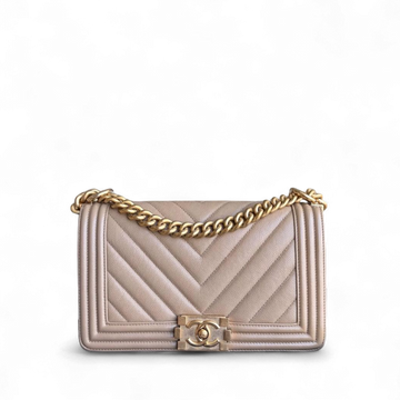 Chanel Boy Medium - Caviar 25CM Chevron Grained Calfskin Beige Gold Hardware Series 25