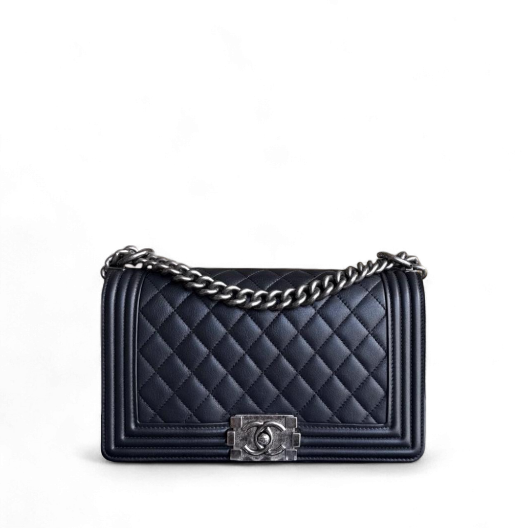 Chanel Boy Medium - 25CM Quilted Calfskin Black Ruthenium Silver Hardware Series 20