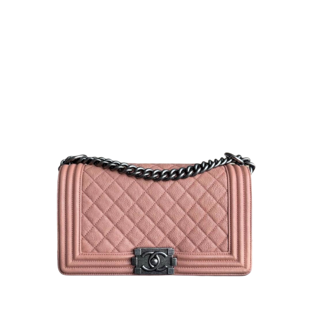 Chanel Boy Medium - Caviar 25CM Quilted Grained Calfskin Nude Blush Caramel Ruthenium Silver Hardware Series 26