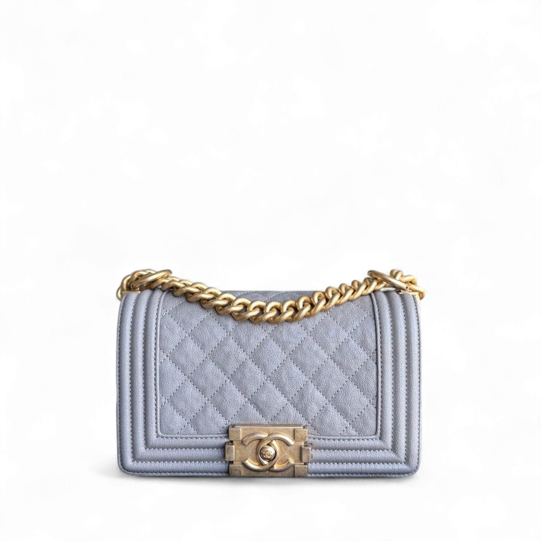 Chanel Boy Small - Caviar 20CM Quilted Grained Calfskin Grey Gray Gold Hardware Series 26