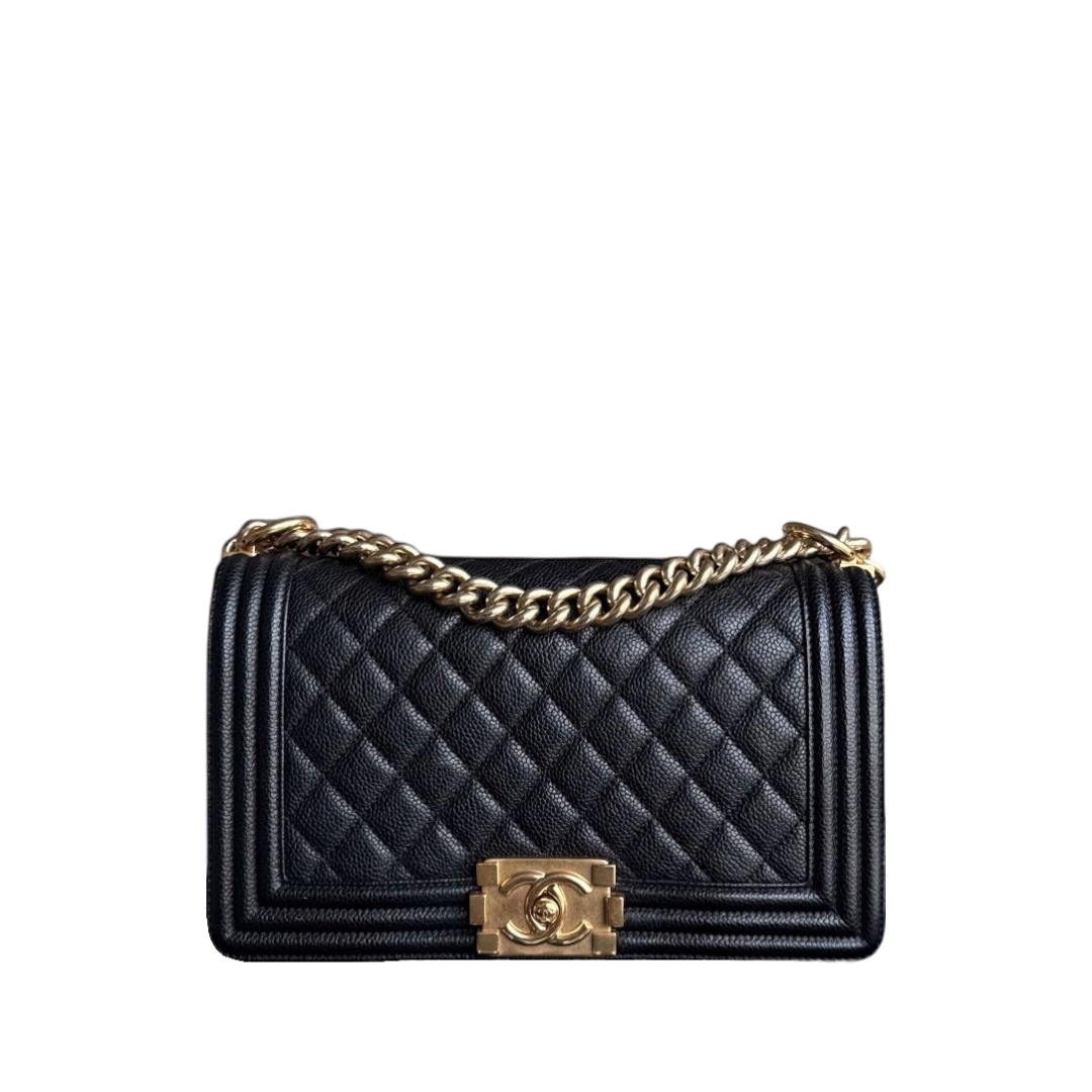 Chanel Boy Medium - Caviar 25CM Quilted Grained Calfskin Black Gold Hardware Series 23
