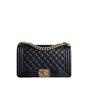 Chanel Boy Medium - Caviar 25CM Quilted Grained Calfskin Black Gold Hardware Series 23