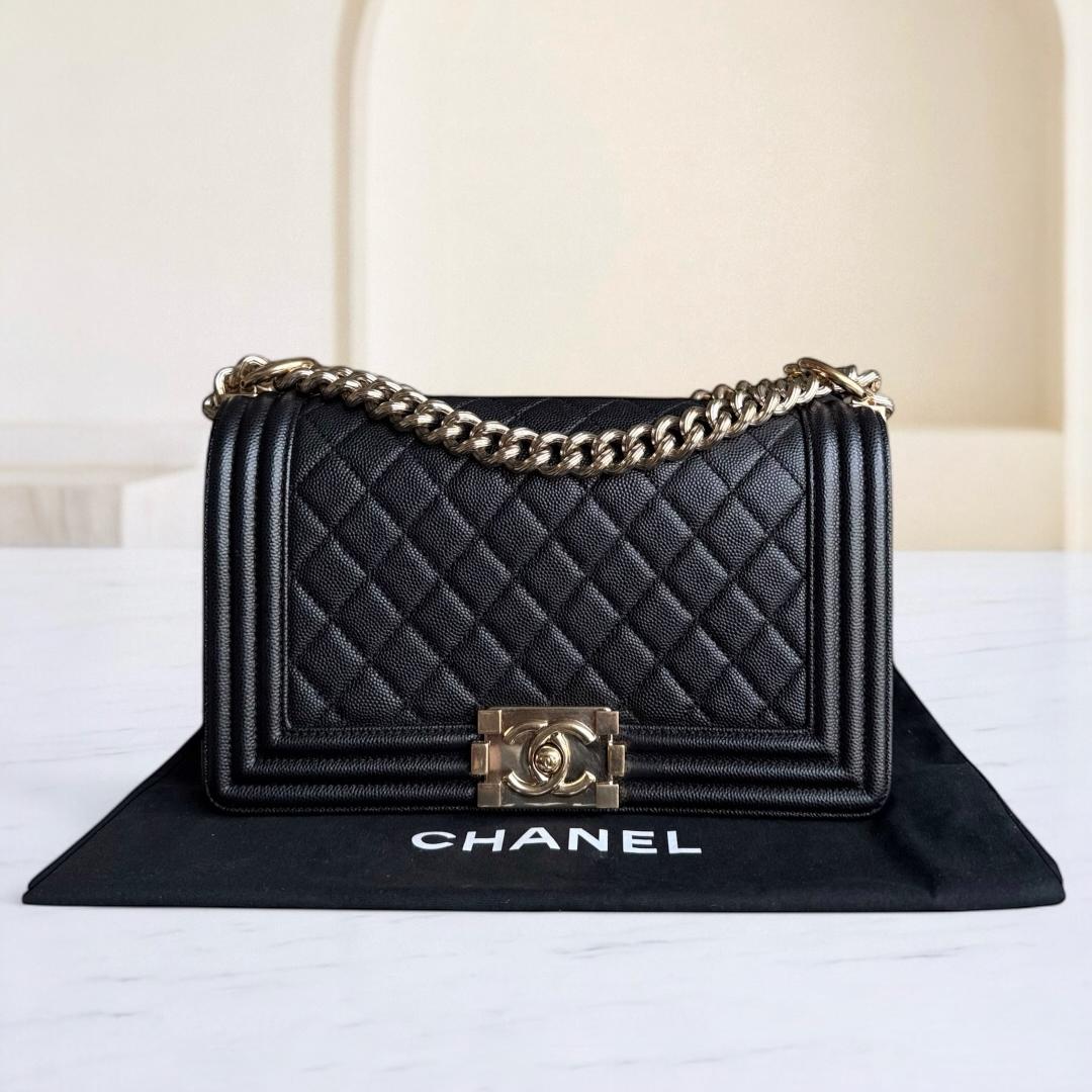 Chanel Boy Medium - Caviar Quilted Grained Calfskin Black Gold Hardware