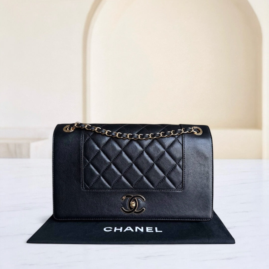 Chanel Seasonal Flap Mademoiselle - 28CM Quilted Lambskin Black Gold Hardware Series 23