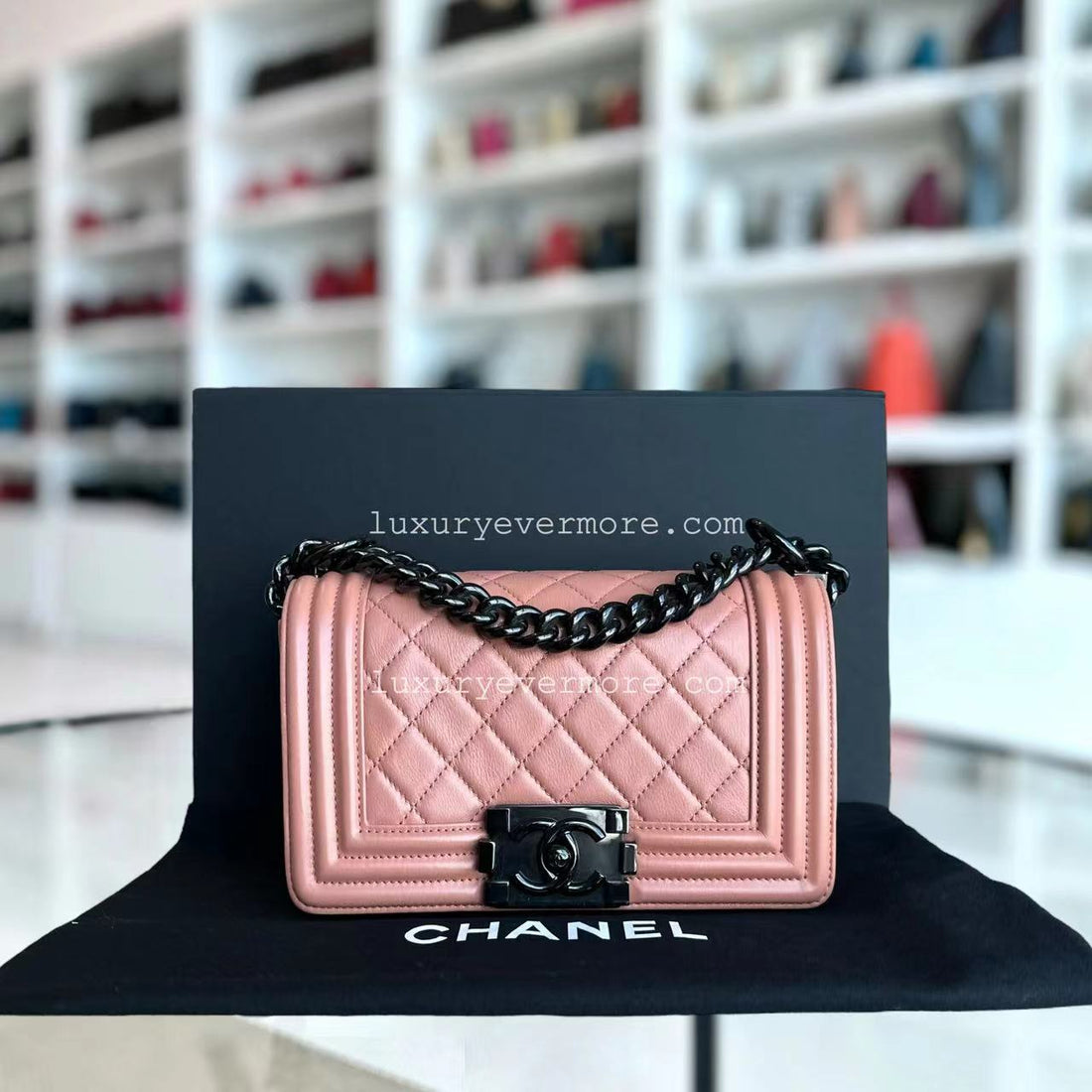 Calfskin Boy Small Quilted Coral Blush Black Hardware Series 25