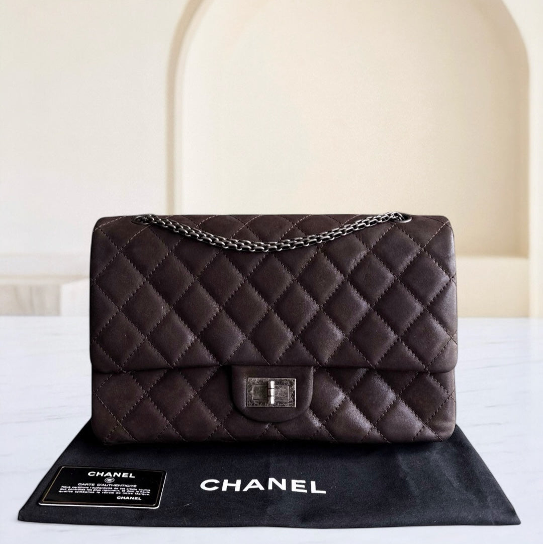 Chanel 2.55 Reissue 227 Maxi - Quilted Iridescent Calfskin Dark Brown Silver Hardware Series 14