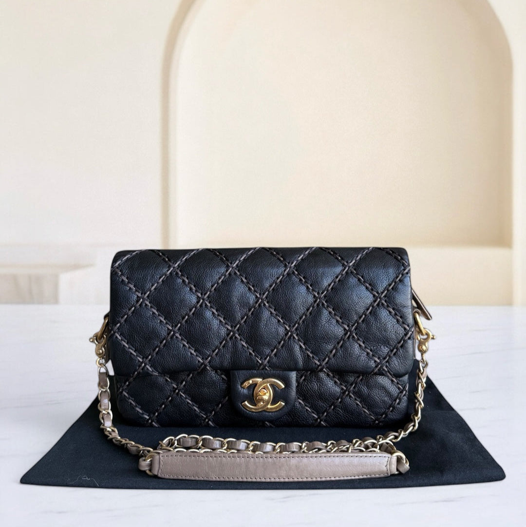 Chanel Seasonal Flap - Quilted Stitch Calfskin Zip Bag Black Gold Hardware Series 19