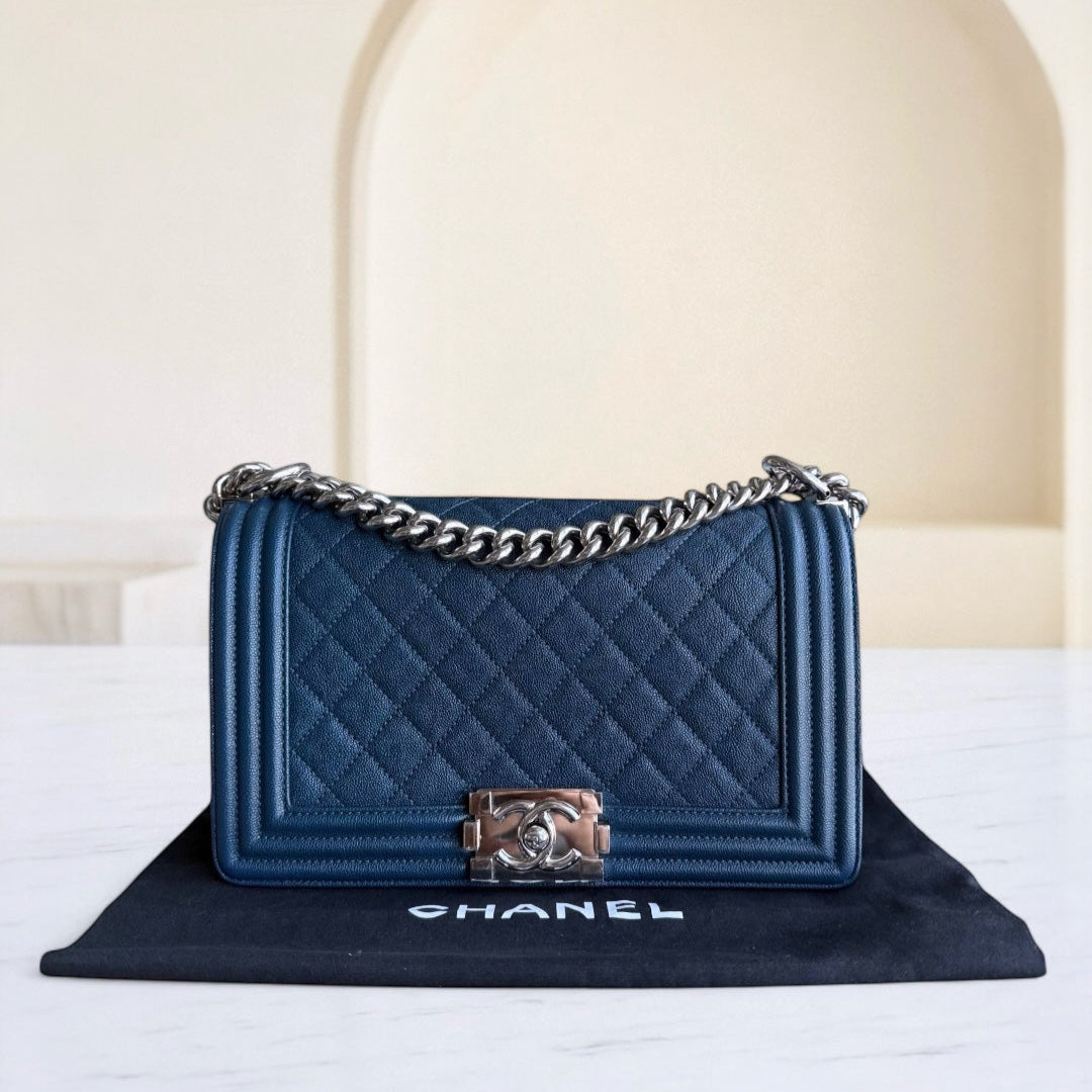 Chanel Boy Medium - Caviar 25CM Quilted Grained Calfskin Blue Silver Hardware Series 28