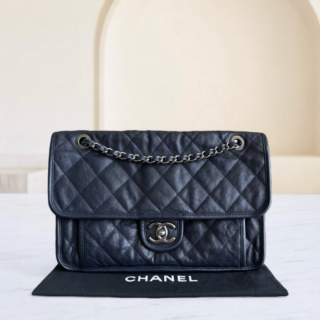 Chanel Seasonal Flap French Riviera Jumbo - Caviar 30CM Quilted Calfskin Dark Blue Silver Hardware Series 19
