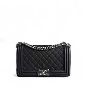 Chanel Boy Medium - 25CM Caviar Iridescent Grained Calfskin Black Silver Hardware Series 17
