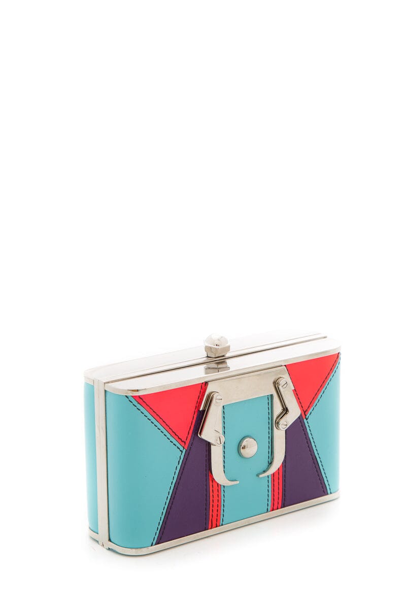 Paula Cademartori Leather Paneled Aqua & Purple Clutch NWT