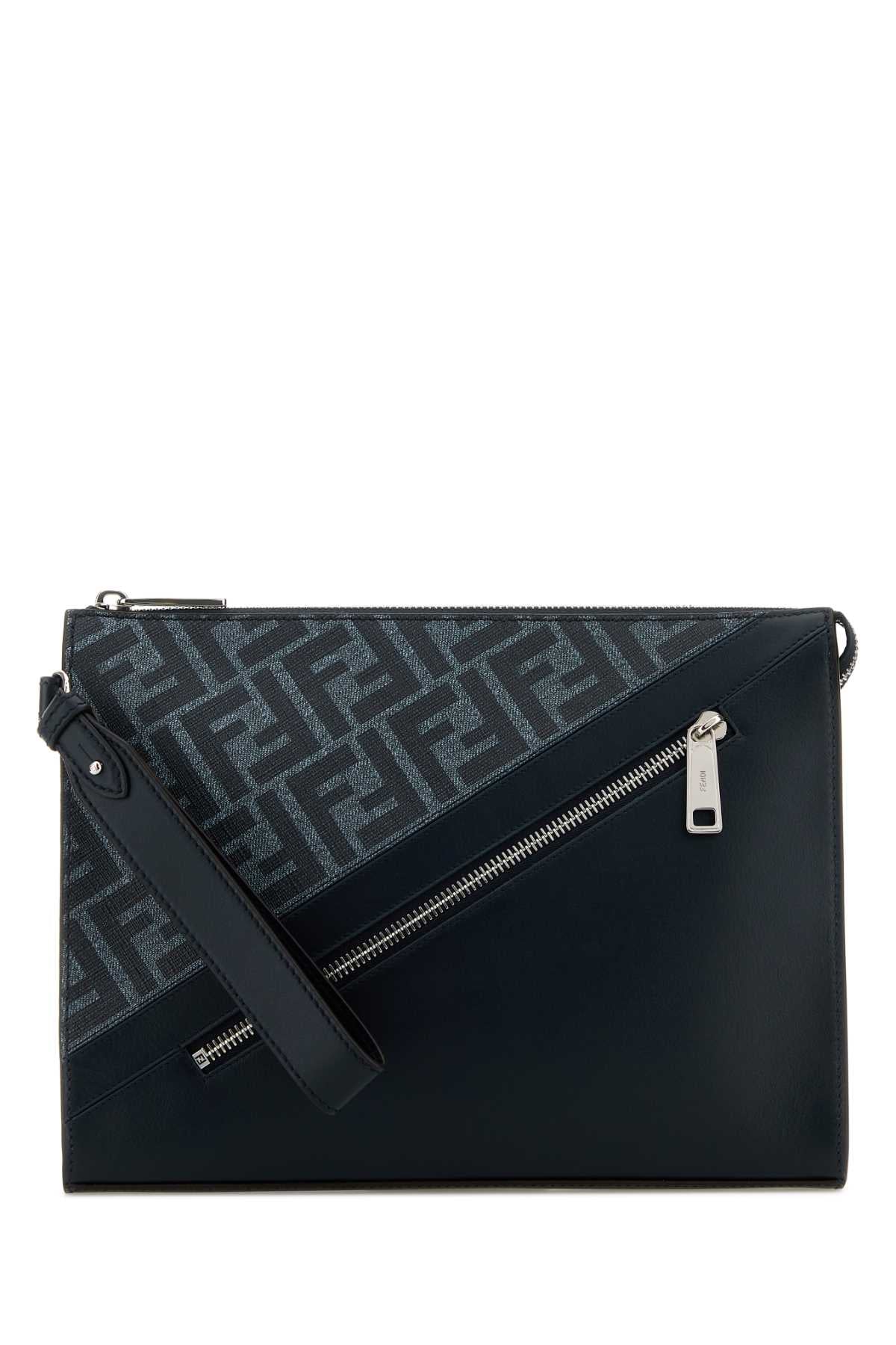 Fendi Men Embroidered Fabric And Leather Clutch