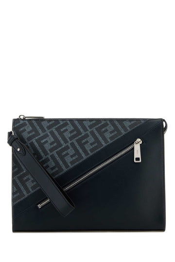 Fendi Men Embroidered Fabric And Leather Clutch