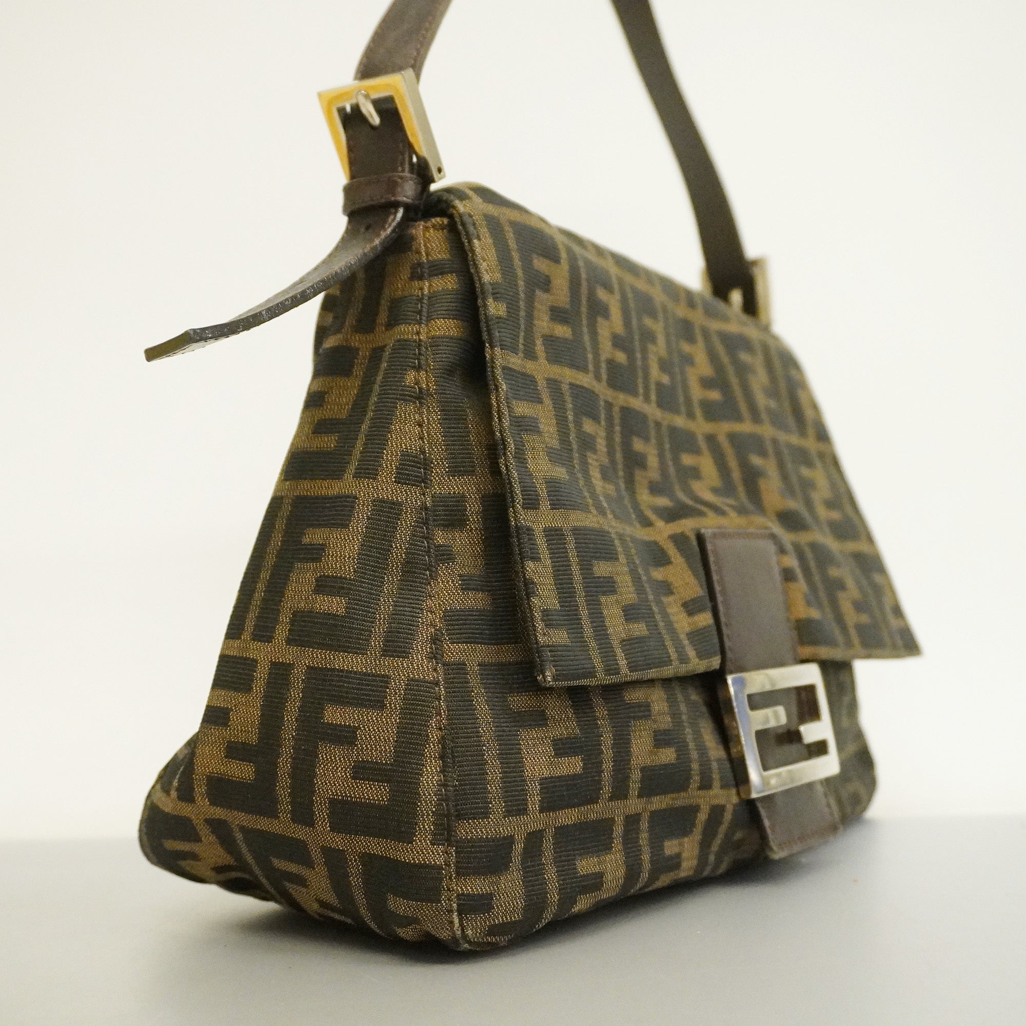 FENDIAuth  Zucca Handbag Women's Nylon Canvas,Leather Handbag Brown