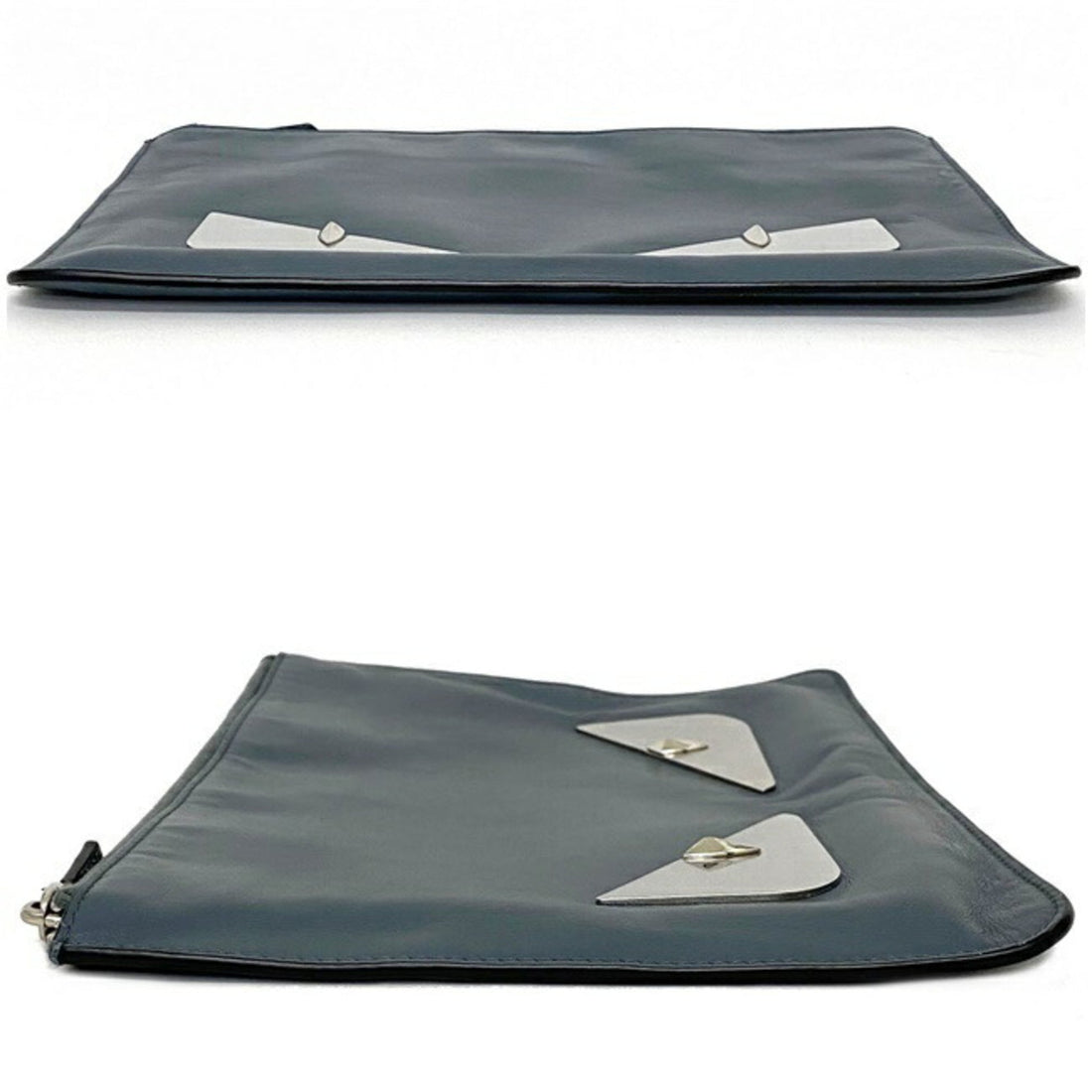 Fendi Clutch Bag Gray Silver Mon 7N0078 Plate Pouch Second Leather FENDI Women's Men's Dual