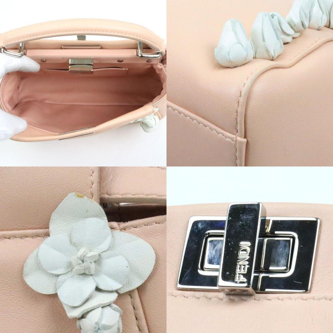 Fendi Handbag Shoulder Bag Mini Peekaboo Leather Pink Beige/White Silver Women's