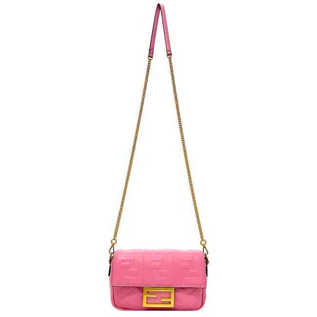 FENDI Baguette Small Pink Gold 8BS017 Leather GP  Shoulder Bag FF Embossed Ladies Chain