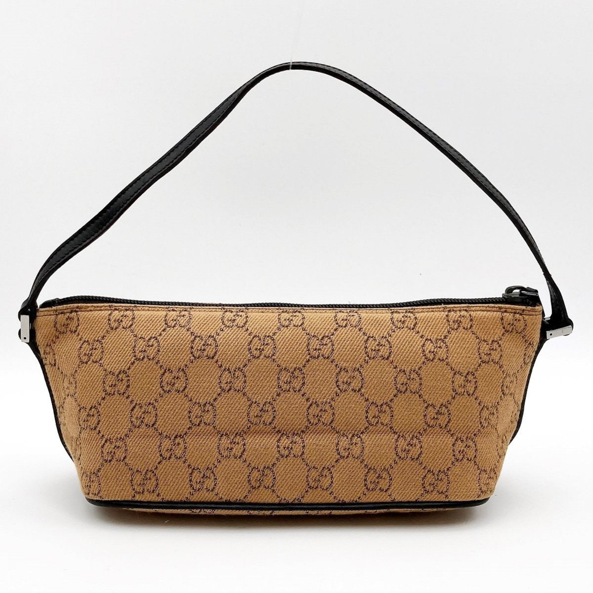 GUCCI 07198 Accessory Pouch Cosmetic Camel x Dark Brown GG Canvas Women's