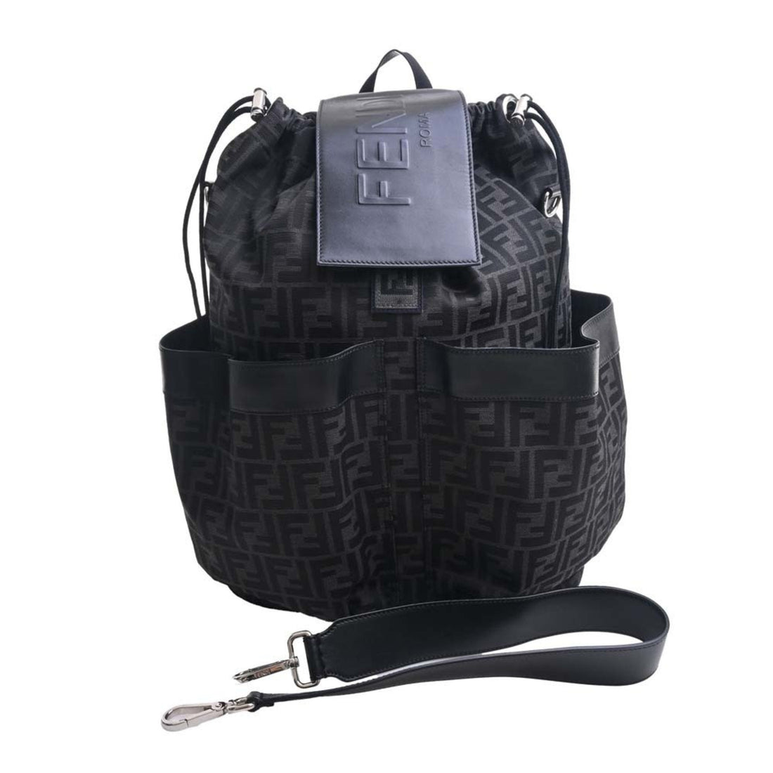 FENDI Polyamide Leather Zucca Pattern Rucksack Handbag Black Men's