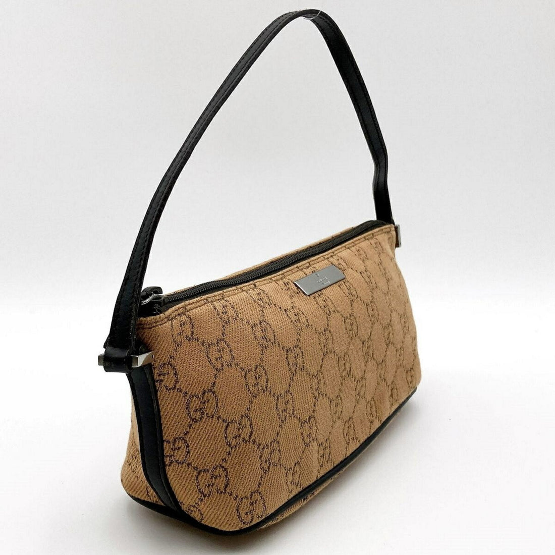 GUCCI 07198 Accessory Pouch Cosmetic Camel x Dark Brown GG Canvas Women's