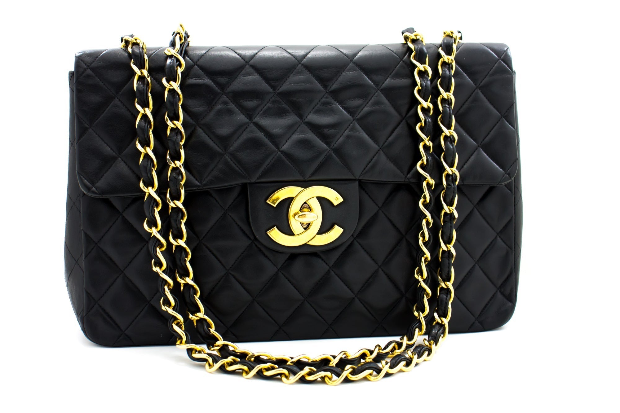 CHANEL Classic Maxi 13" 2.55 Flap Chain Shoulder Bag Black Lamb h22
