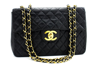 CHANEL Classic Maxi 13" 2.55 Flap Chain Shoulder Bag Black Lamb h22