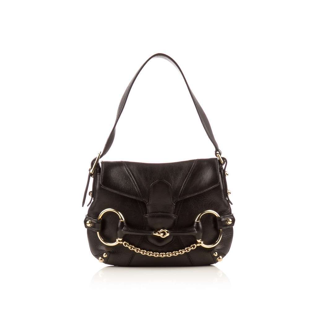 GUCCI  Black Leather Horsebit Flap Shoulder Bag