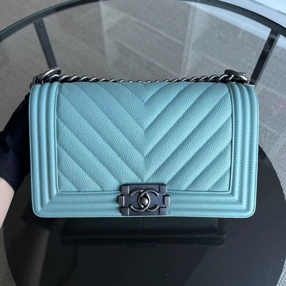 *2019, Series 29* Caviar Old Medium 25CM Chevron Grained Calfskin Light Baby Blue No 29
