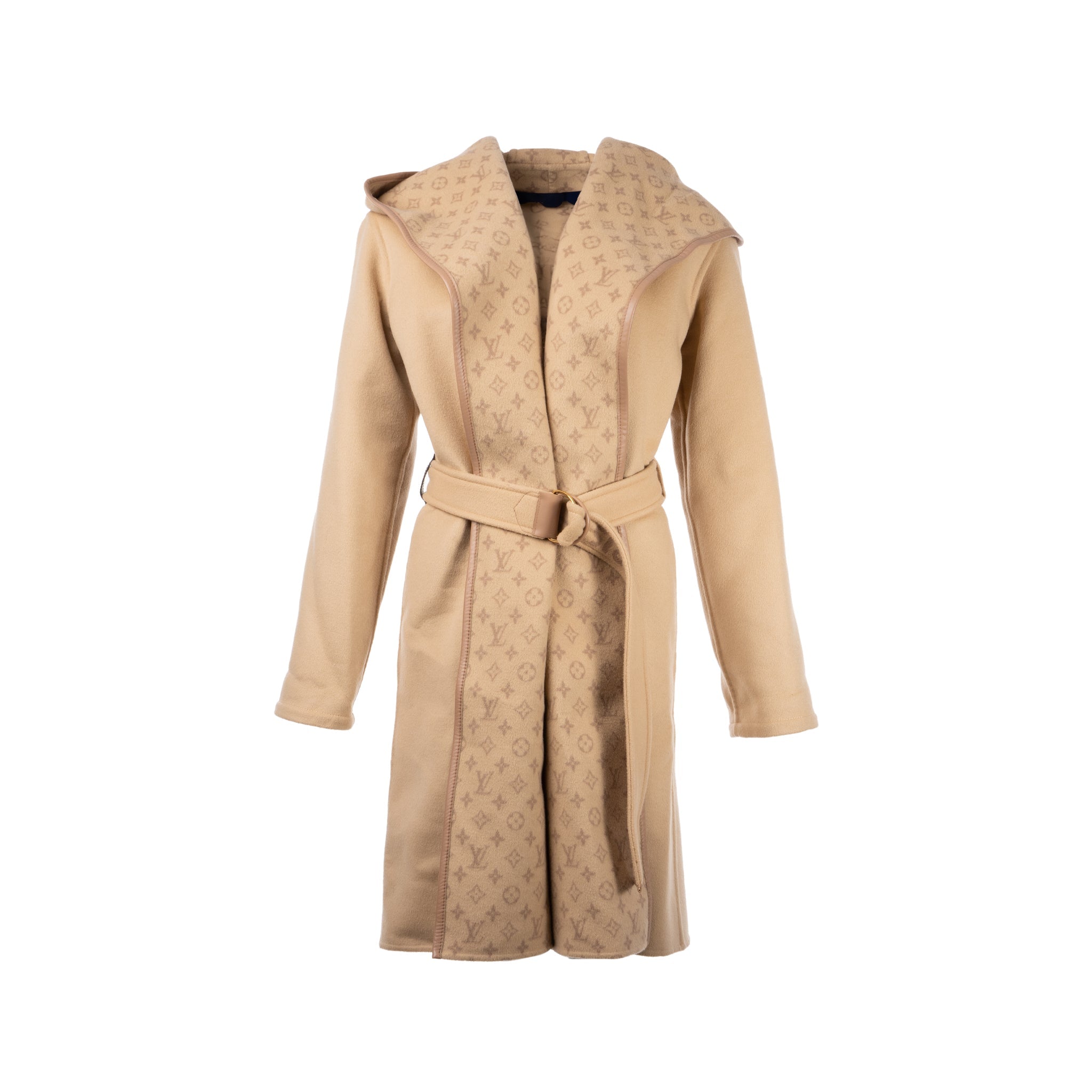 Louis Vuitton size 34 signature double face hooded wrap coat wool beige
