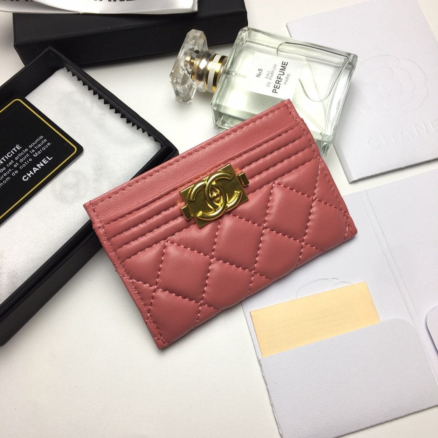 CHANEL BOY CARD HOLDER 11.2 CORAL CALFSKIN GOLD ICON