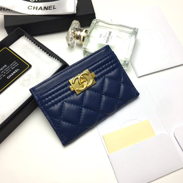 CHANEL BOY CARD HOLDER 11.2 NAVY CALFSKIN GOLD ICON