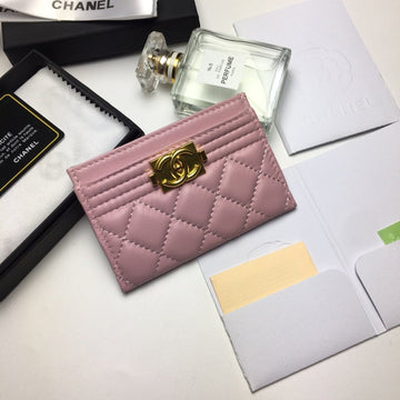 CHANEL BOY CARD HOLDER 11.2 BABY PINK CALFSKIN GOLD ICON