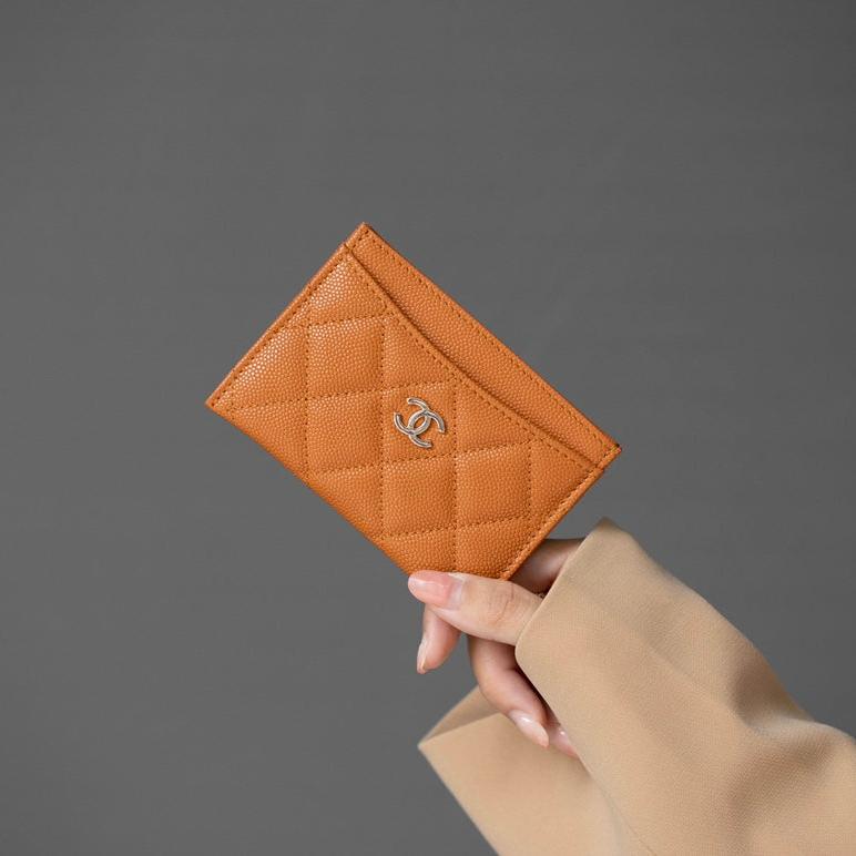 CHANEL CARD HOLDER 11 ORANGE GRAINED CALFSKIN SILVER ICON