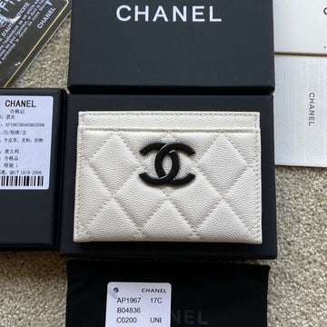 CHANEL card holder 11cm white caviar black hardware