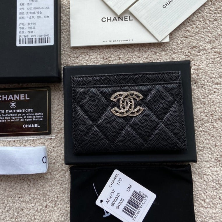 CHANEL card holder 11cm black caviar light gold hardware