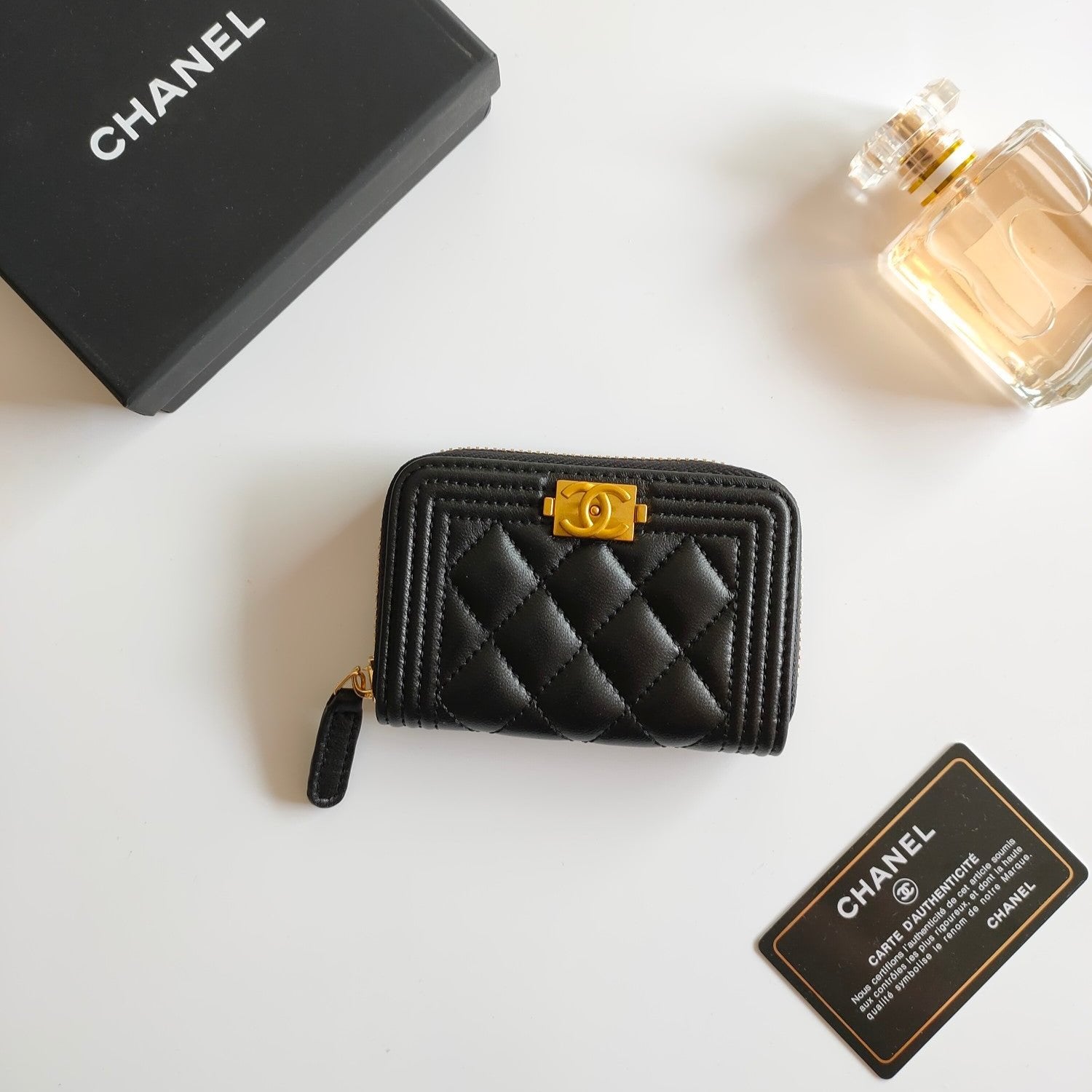 CHANEL BOY ZIP COIN PURSE 11.5 BLACK CALFSKIN GOLD ICON