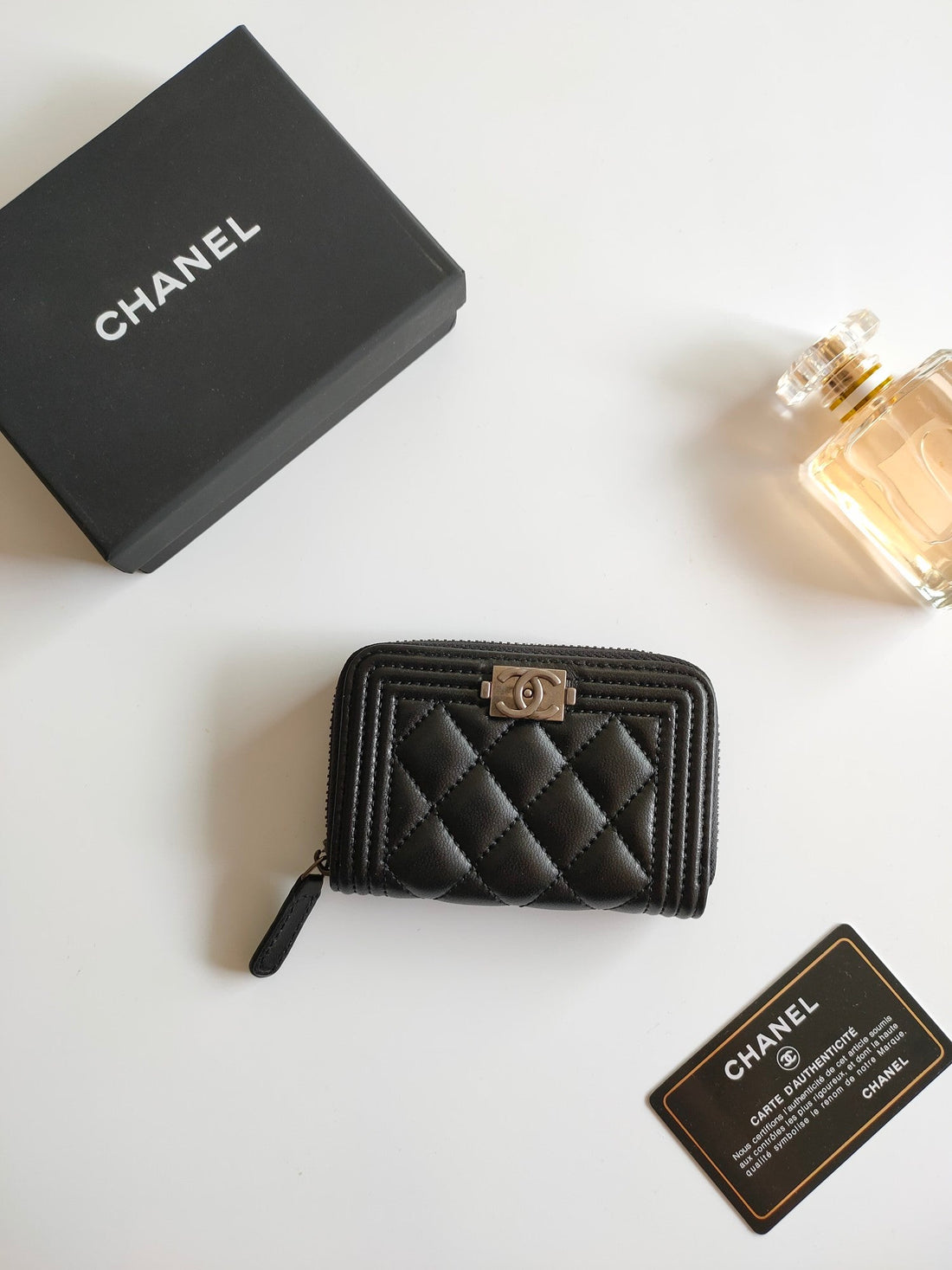 CHANEL BOY ZIP COIN PURSE 11.5 BLACK CALFSKIN ICON