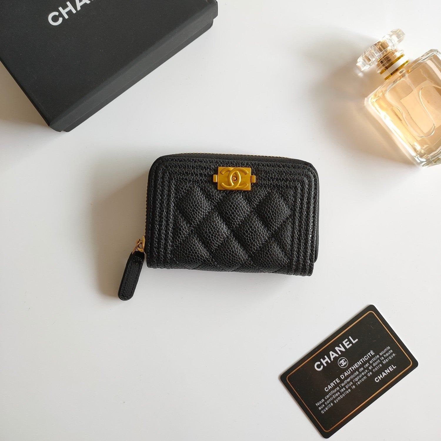 CHANEL BOY ZIP COIN PURSE 11.5 BLACK GRAINED CALFSKIN GOLD ICON