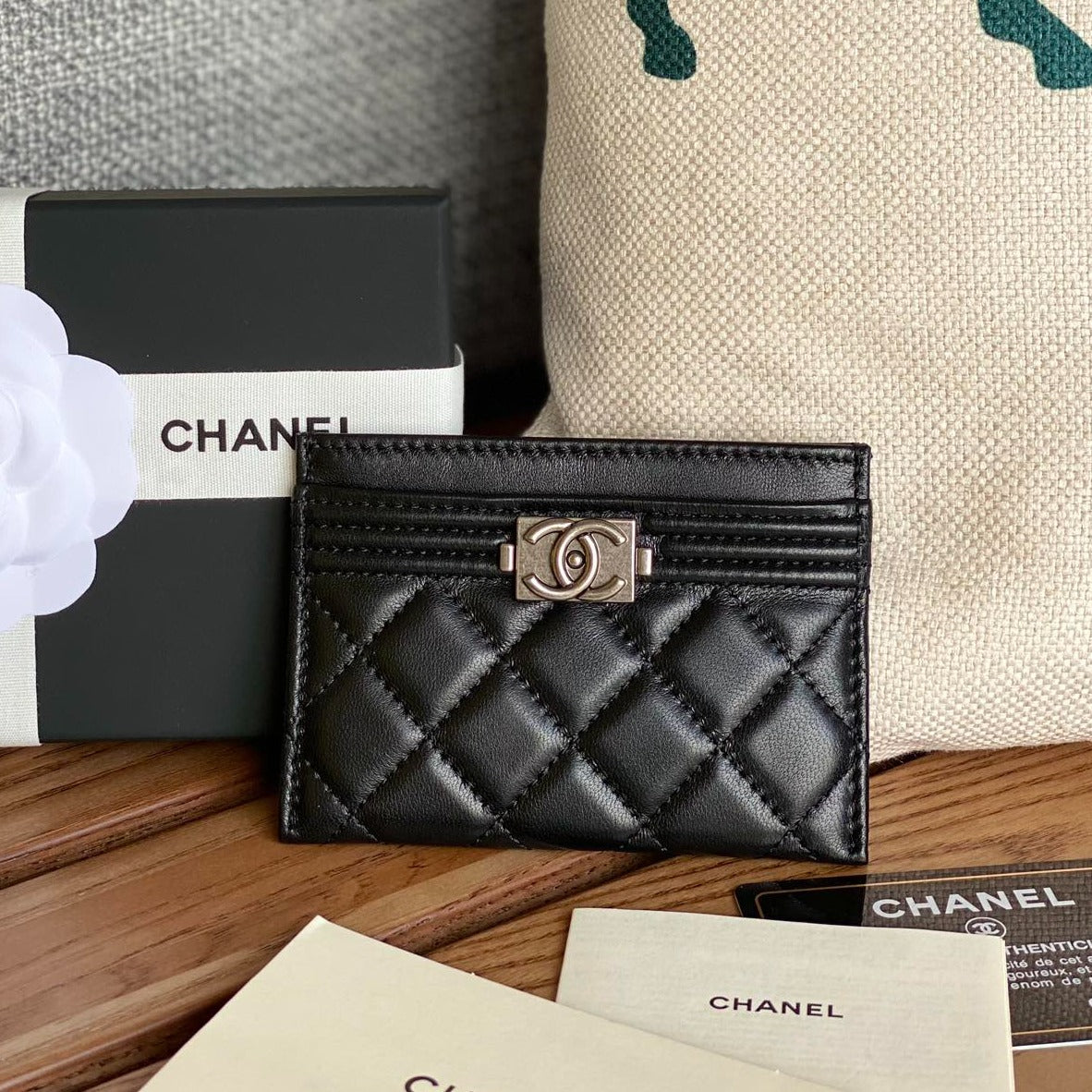 CHANEL boy 11cm card holder black lambskin silver hardware